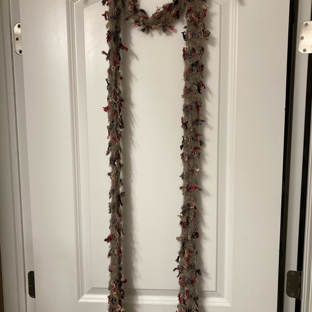 Long Bohemian Knit Gray Scarf with Black and Burgundy Accents